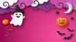 © mdnazirhossain - Cute cartoon ghost wearing a witch hat and smiling pumpkin jack o lantern with bats and moon in a festive halloween night scene with a bright purple and pink background