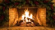 © Btc - Cozy Christmas fireplace with burning logs and festive garland decoration