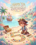 Young pirate creating number five from treasure on tropical beach