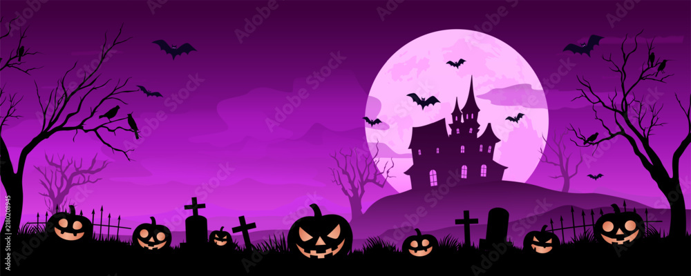 Halloween background in purple tones. Spooky graveyard with pumpkins ...