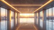 © SnerdCo - Expansive modern office interior with panoramic city skyline view from large windows, featuring minimalist concrete architecture and luminous strip lighting at sunrise