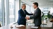 © Felippe Lopes - Two smiling businessmen in suits shaking hands in a modern office with city view