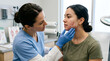 © Wool World - Professional dermatologist examining a young woman's skin condition and acne on her jawline in clinic