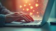 © Leonardo - Primer plano de unos dedos escribiendo rápidamente en una laptop mientras un flujo de símbolos con forma de corazón se eleva desde la pantalla