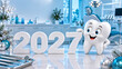 © Ольга Клецкова - 2027 New Year dental dentistry banner with smiling tooth, Christmas clinic greetings, patient discounts and holiday sale