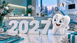 © Ольга Клецкова - 2027 New Year dental dentistry banner with smiling tooth, Christmas clinic greetings, patient discounts and holiday sale