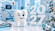 © Ольга Клецкова - 2027 New Year dental clinic Christmas banner with smiling tooth, patient greetings, holiday discounts and dentistry sale