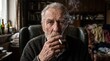 © Lemon Pop Studio - Authentic cinematic portrait of a serious elderly man with a white beard smoking a cigarette in a messy indoor environment