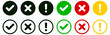 © Art Stor Pro - check cross and exclamation mark icon set vector, approval rejection and warning symbols in circular filled and outline styles with green red and yellow colors isolated on white background