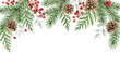 © Md.Arif hossan - Beautiful christmas winter holiday watercolor botanical border featuring festive greenery pinecone holly and red berries isolated on a clean white background
