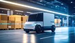 © penpak - Autonomous electric delivery van navigating through a modern logistics warehouse facility