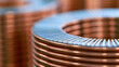 © photo for everything - Industrial metal coil stack macro close up shot showing fine ridges and metallic texture in modern factory manufacturing workshop production line