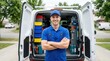 © BZXO - Next to his fully stocked service van, a smiling man in a blue uniform stands with crossed arms, ready for any repair job.