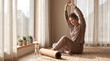 © diah - Mindful morning exercise scene with woman doing seated stretch indoors in cozy apartment promoting relaxation flexibility wellness and selfcare concept