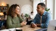 © Nola - Diverse couple engaged in a lively conversation, sharing ideas and connecting over coffee in a modern cafe.