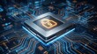 © EventLogic Studio - Digital security processor with illuminated padlock symbol on high tech motherboard circuit board design.