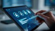 © Nishat - A hand using a digital stylus pen on a tablet screen showing glowing blue user interface data charts, and modern business analytics