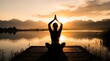 © abuhasnat - Person practicing yoga in lotus pose on wooden pier at sunset by a calm mountain lake