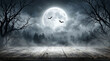 © MstShahida - Wooden table surface in front of a spooky forest with a full moon with silhouettes bats flying foggy forest landscape landscape under bright