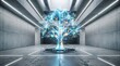 © Ompured - Glowing digital tree hologram inside a minimalist concrete hall