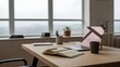 © PAVEL - Minimalist office desk setup with a laptop, open notebook, and coffee mug, bathed in natural light from large windows.