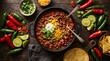 © ashan - Homemade chili con carne in a cast iron skillet with fresh peppers and tortilla chips perfect for national chili month