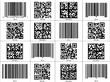 © Saddam - Universal barcode and QR code vector set, collection of 16 digital tracking labels, UPC-A and Data Matrix icons for retail and logistics