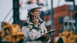 © 69 - Female engineer in white safety helmet using walkie talkie and clipboard while inspecting industrial site with heavy machinery background