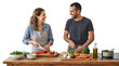 © Davi Alves - Happy couple preparing healthy food together in a kitchen, chopping fresh vegetables for a meal isolated on white background