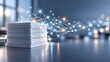 © abdul studio - Stack of office papers emitting connected digital network nodes symbolizing intelligent document management and cloud synchronization