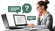 © The Little Hut - Professional woman in glasses attentively working on laptops with chat bubbles and question mark icons