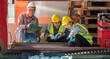 © BESTIMAGE - Team technicians inspecting metal sheet machine system inspection check collaboration in factory Female technician pointing at machine part while crouching with male supervisor and her colleague