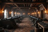 Historischer Piratenschiff-Laderaum mit Kanonen und Holzkisten unter warmem Laternenlicht