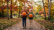 © Fiverr/fazilazia703 - Happy siblings holding carved Halloween pumpkins on a beautiful autumn path surrounded by vibrant fall foliage and golden sunlight celebrating the festive spirit of the season outdoors
