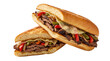 © Tahir - Philly cheesesteak sandwich with sliced beef and melted cheese. Gourmet steak sub with peppers and onions. Toasted hoagie roll on white background.