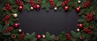 © Mustafa Kawa - Christmas frame with fir branches, red berries, baubles and pine cones on black background