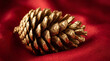© master - Large golden pinecone ornament lying on luxurious red silk fabric perfect for elegant christmas decoration post