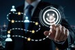 © Vadym - Person interacts with digital customer journey map showing path to happy client satisfaction. Experience flow highlights user engagement and loyalty leading to business success.