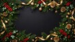 © MOINUDDIN - Festive christmas border made of evergreen branches pine cones and golden ribbons on a dark background