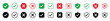 © Clarios Stock - A collection of check mark and cross mark icons presented in circle, square, and shield shapes, using green, red, and black colors in vector illustration