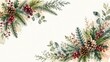 © StockNova - Watercolor christmas corner border with pine branches, holly leaves, red berries and brown pine... d
