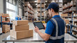 © pantarwat - A warehouse worker uses a tablet for inventory and logistics beside cardboard boxes in a distribution center, where storage shelves, a package, and a reflective vest are visible.