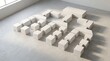 © FixelShotpro - Un diagrama de flujo físico construido con bloques geométricos blancos organizados sobre un piso gris de concreto