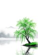 © Sourithideth - A serene ink wash painting of a graceful willow tree standing by a misty lakeside, shrouded in thick fog with minimalist sumi-e style strokes, ethereal, painting, serene