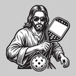© Luka - Jesus Playing Pickleball Funny Sports Character Illustration Bearded Man In Robe Holding Paddle And Ball Graphic Religious Humor Theme Hand Drawn Vector Art For Athletic Apparel Us