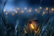 © Daria - A glowing firefly illuminating the dark blue night sky surrounded by tall grass and bokeh lights creating a magical serene atmosphere