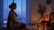 © Vincenzo - Woman meditating at dawn with candles illuminating serene space, capturing tranquility and spirituality during Navaratri celebration.