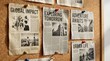 © Len_mik - Newspaper clippings pinned on a corkboard. Vintage articles with headlines and photos. Bulletin board with news clippings