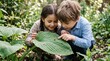 © NoblePix - Curious young children exploring nature and observing a ladybug on a large green leaf in a garden