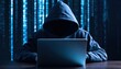 © Arfa_Media - Hacker in a hoodie working on a laptop with digital binary code representing cyber security and internet crime data